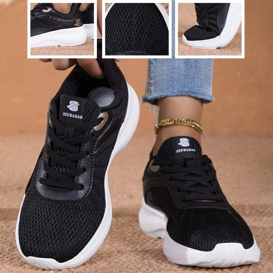 Zapatillas deportivas casuales para mujer, ligeras y cómodas con suela antideslizante, zapatos de correr con cordones de cuero impermeables de caña baja para deportes al aire libre, nuevas zapatillas de correr otoño/invierno 2026 - Negro - Ver 1
