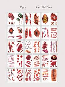 30Sheet Halloween Fake Wound Tattoo Stickers, Realistic, Scar, Stitch Temporary Tattoos For Cosplay Zombie Party Decor - Multicolor - View 9