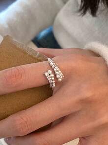 1pc Fashionable Luxury Cubic Zirconia Faux Pearl Open Ring Suitable For Women's Party And Gathering Wear - Silver - View 5