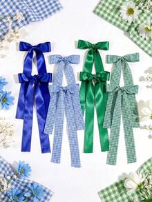 4Pcs Long Ribbon Hair Bow Clips For Women Satin & Plaid Gingham Bow Barrettes With Streamers Coquette Hair Accessories Hair Accessories Cutecore Fall - Multicolor - View 9