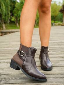 1 Pair Women's Patchwork Design Buckle Strap Chunky Heel Round Toe Winter Short Ankle Boots, Coffee Brown - Coffee Brown - View 4