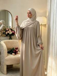 1pc New Plus Size Dress With Ruched Chest, Lantern Sleeve Design, Classic Versatile Abaya For Women's Daily Wear - Multicolor - View 6