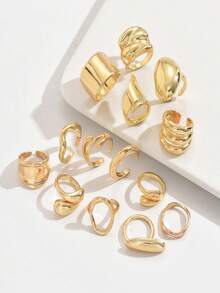 14pcs Heavy Asymmetrical Gold Stackable Ring Set, Abstract Hammered Hollow Layered Knuckle Rings, Fashion Statement Jewelry For Women - Gold - View 3