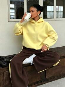 Cream Casual Loose Hoodie & Sweatpants Set, Daily Commute Colorblock Brown Hoodie & Sweatpants Two Pieces Set, Halloween Outfit - Multicolor - View 2