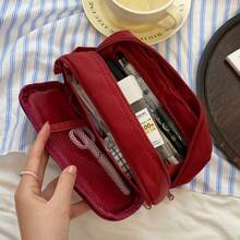 Tas Kosmetik Portabel Kapasitas Besar dengan Sekat - Desain Genggam Tahan Air, Gaya INS Minimalis yang Sangat Menarik, Cocok untuk Perjalanan dan Piknik, Dilengkapi Penyimpanan Kuas Makeup dengan Sekat, Juga Dapat Digunakan Sebagai Tempat Pensil. - View 1