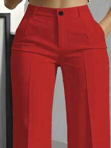 Women's Straight Loose Casual Solid Color Button Zipper Pocket Pants Spring Red - Red - View 2