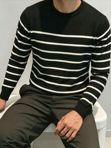 ZYNTH BALENO Men's Fashion Striped Crew Neck Long Sleeve Sweater, Suitable For Fitness, Workout, Sports, Black - Black - View 3