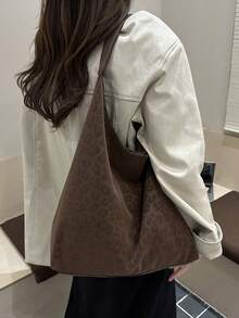2026 Fashion Solid Color Leopard Print Commuter Tote Bag Minimalist Niche Design Underarm Bag Chic Large Capacity Shoulder Bag - Coffee - View 5