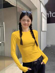 Kaos Dalaman Lengan Panjang Pas Badan Leher Bulat Warna Kuning untuk Wanita, Atasan Manis Gaya Amerika Musim Gugur Y2K - Kuning - View 5