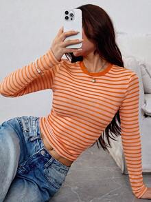 New Women's Contrast Color Striped Round Neck Long Sleeve Top, Autumn Fashion High Elasticity T-Shirt - Orange - View 5