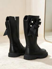 1 Pair Girls' Tall Boots, Pearl Bow + Elastic Soft Sole Inner Zipper Design, Fashionable Cute Princess Style High-Top Chelsea Boots, Suitable For Daily Wear, School, Holidays, Autumn/Winter New - Black - View 4