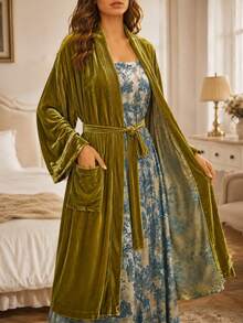 Scacto Women's Olive Green Velvet Long Robe Coat, Shawl Collar Belted Kimono Cardigan With Pockets, Elegant Loose Fit Vintage Boho Loungewear Outerwear - Olive Green - View 8