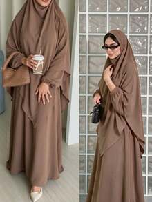 Set Abaya 2 Potong untuk Wanita Muslim, Gaun Panjang Bertekstur Kerut dengan Hijab Senada, Jubah Lengan Panjang Longgar yang Sopan - MultiWarna - View 8
