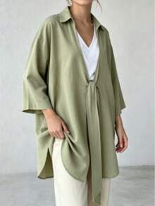 Casual Fashionable Women's Green Kimono-Style Long Blouse, With Shirt Collar And Tie Design, Ideal For Spring And Autumn, Comfortable To Wear Fall - Green - View 2