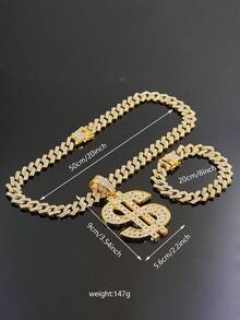 Hip Hop Full Rhinestone Dollar Sign Pendant Necklace & Bracelet Set, Men's Cool Iced Out Cuban Chain Street Style Personalized Accessory, Holiday Gift - Dollar Sign Necklace Set - View 5