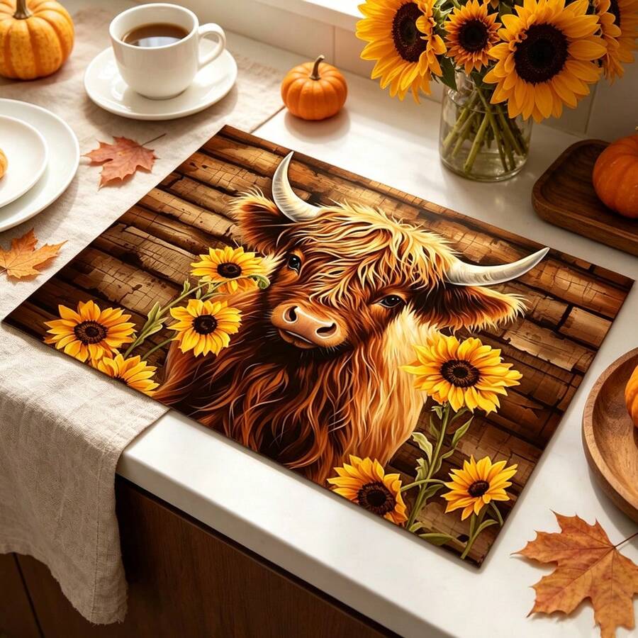 1pc Cute Highland Cow & Sunflower Print Dish Drying Mat, Coffee Machine Mat, Absorbent Quick-Drying, Countertop Protection, Suitable For Home Kitchen, Tea & Beverage Preparation, Autumn Harvest Festival, Daily Warm Dining Decor, Multi-Purpose Drying Mat, Home Gift, Tabletop Decoration