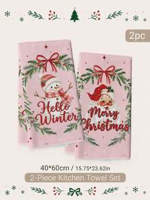 2PCS Kitchen Towels, Christmas Theme Pink Snowman & Santa Claus Pattern Dish Cloths, Minimalist Style 40*60cm Rectangular Microfiber Cleaning Kitchen Towels, Perfect For Kitchen, Dining Room And Bathroom Use, Christmas Kitchen Decor, Home Decor, Neighbor Housewarming Gift, Dish Cloths - Pink - View 9