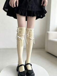 1 Pair Vertical Striped Bowknot Ruched Over-The-Knee Socks For Women, Gentle Japanese Style Relaxed Versatile Knit Long Tube Socks - Multicolor - View 2