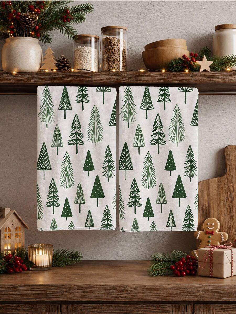 2pcs Christmas Minimalist Christmas Tree Pattern Kitchen Towels, Soft Polyester Material Dish Cloths, Suitable For Kitchen Decor, Kitchen Cleaning, Holiday Party Decoration, Kitchen & Bathroom Supplies Home Essentials, Home Decor, Housewarming Gift - Multicolor - View 1