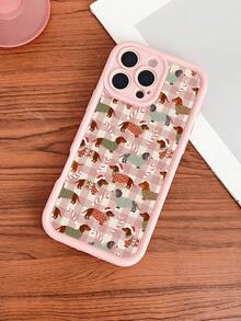1pc Minimalist Colorful Plaid Christmas Style Dachshund Pattern Hollow Matte Full Coverage Hard Shell Phone Case, Compatible With Iphone 11/12/13/14/15/16 Pro Max/17/17 Pro/17 Pro Max/Air - Pink - View 5