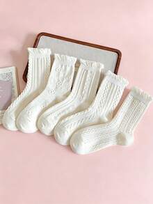 5 Pairs Women's Mid-Calf Socks, Cream White Embossed Floral Cable Knit Frill Trim Socks, Sweet Lolita Style Girls Socks - White - View 3