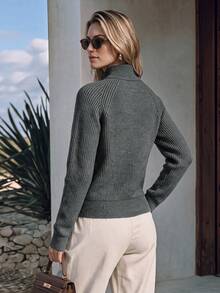NiceArt Cardigan Rajut Bergaris Campuran Wol Abu-abu Gelap Vintage Musim Gugur/Dingin Wanita, Kerah Tegak, Lengan Panjang Raglan, Pakaian Musim Gugur, Halloween - Grey - View 2