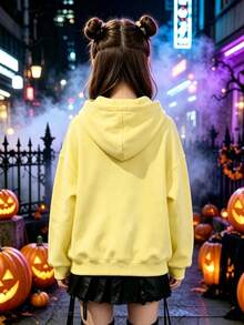 1pc Girls' Yellow Halloween Sweatshirt With Knit Hat, Reading Ghost Graphic, Long Sleeve Pullover Sweatshirt, Perfect For Party Girls, Holiday Gift - Yellow - View 3