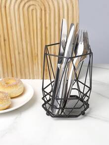 1pc Black Iron Draining Storage Rack, 6 Styles Available (Round/Square/Diamond), Kitchen Chopstick Holder Makeup Brush Bucket, Household Drill-Free Multi-Function Desktop Organizer Basket, Kitchen Utensils / Makeup Tools Universal Draining Storage Cylinder, Square Storage Box With Non-Slip Feet - View 11