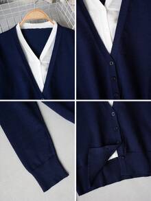 Korean Style Casual Navy Blue V-Neck Long Sleeve Knit Cardigan Women Autumn/Winter Faux Two Pieces Layering Base Top Button Patchwork Sweater - Navy Blue - View 10