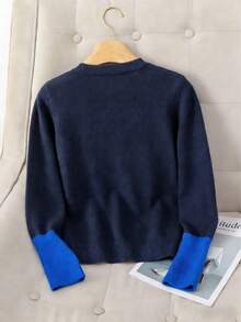 Premium Contrast Color Knit Cardigan Jacket For Women, Spring/Autumn/Winter, Soft Royal Blue Sweater, Heart-Shaped Ribbed Embroidery Buttons, College Style, Home Wear, Inner Layer/Outer Wear Top - Navy Blue With Blue - View 2