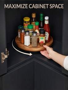1pc 360° Rotating Solid Wood Round Turntable, Multifunctional Wooden Spice Storage Tray, Kitchen Seasoning Rack, Kitchen Storage Organizer Accessory, Spice Container, Kitchen Decor, Solid Wood Rotating Tray, Fits Kitchen Cabinets And Storage Cabinets, Home Storage Turntable, Christmas, Halloween, Graduation, Birthday Gift - View 10
