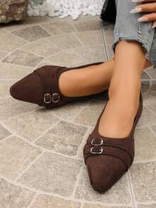 Brown Dual-Metal Buckle Pointed Toe Flat Shoes Women Spring Autumn Vintage Commute Low Vamp Versatile Loafers - Coffee Brown - View 1