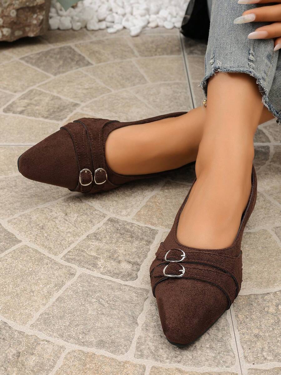 Brown Dual-Metal Buckle Pointed Toe Flat Shoes Women Spring Autumn Vintage Commute Low Vamp Versatile Loafers - Coffee Brown - View 1