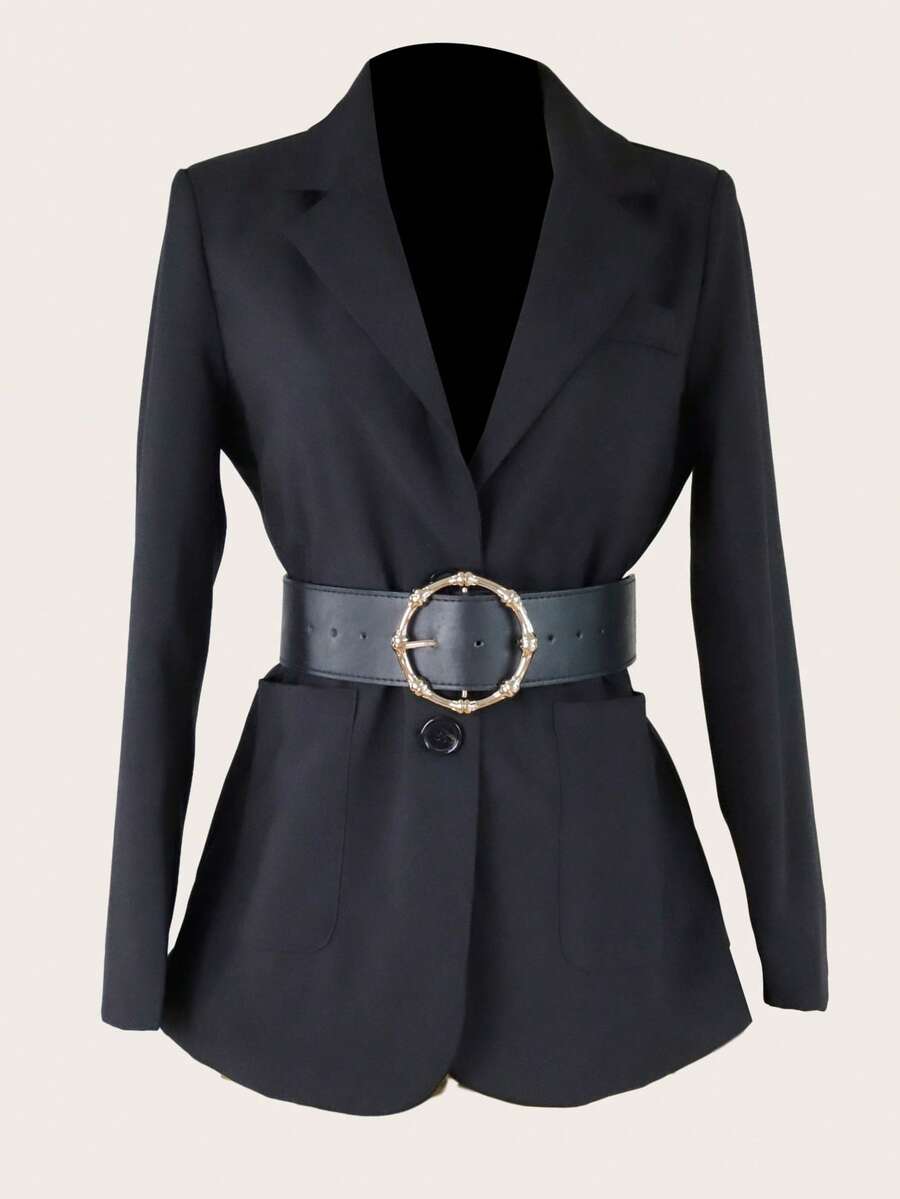 1pc Large Bamboo Knot Round Buckle PU Leather Belt - Black - View 1