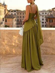 Women's Solid Color Square Neck Back Tie Scarf Ribbon A-Line Sexy Vacation Wedding Party Dress - Green - View 3