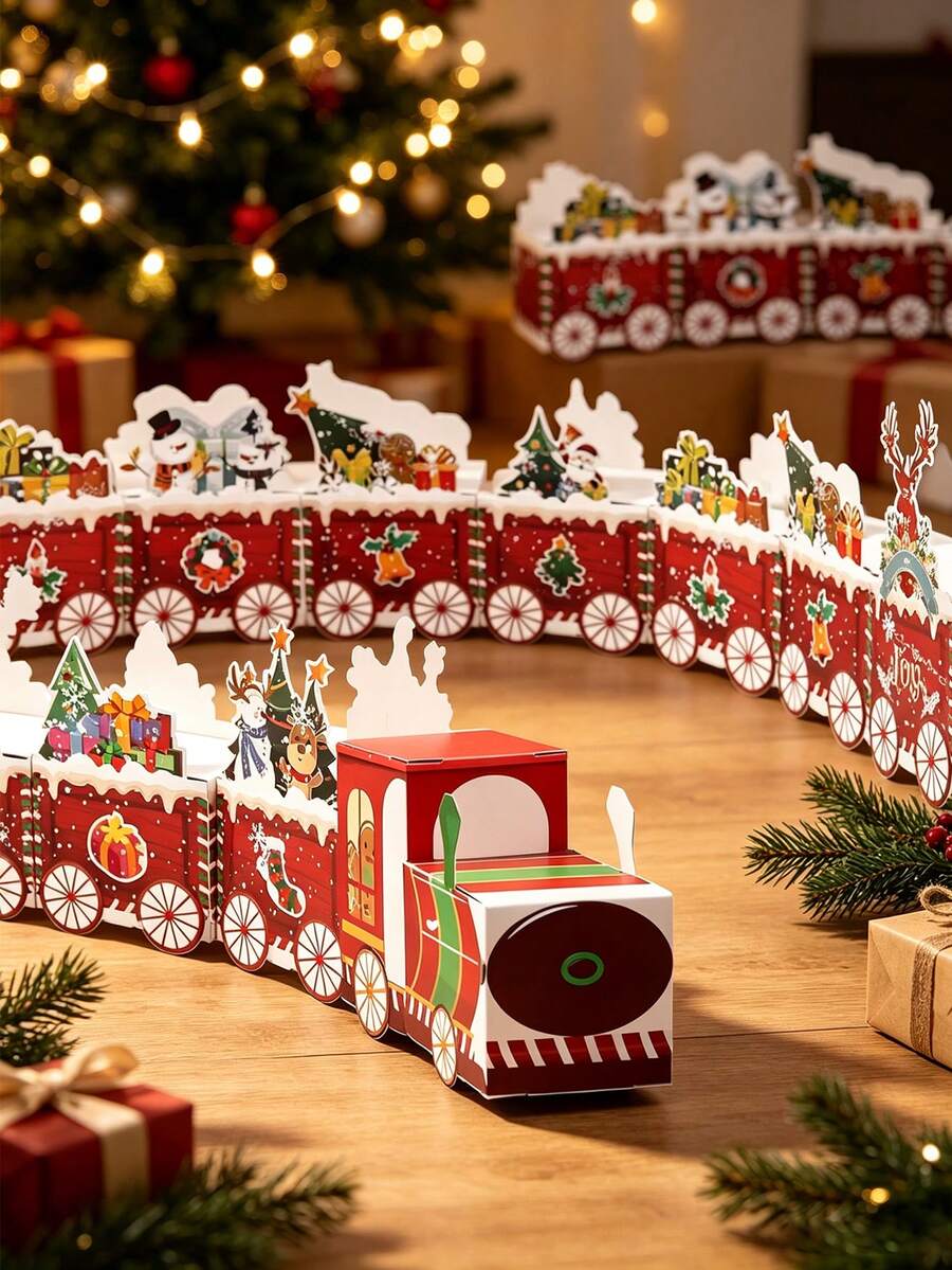 24 Christmas Holiday Gift Boxes, 24 Days Christmas Countdown Gift Boxes, Red Train Christmas Advent Calendar Box. Christmas Advent Calendar Candy Box, Christmas Small Train Countdown Gift Box, Christmas Party Gift Box - A - View 1