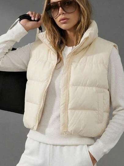 Women's Padded Sleeveless Vest With High Neck, Front Zip Closure, Adjustable Drawstring Hem, Warm Lightweight Vest, Casual Winter Outerwear