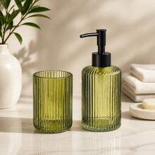 Glass Bathroom Accessory Set With Ribbed Design, Includes 350ml Soap Dispenser And Toothbrush Tumbler, Elegant 2-Piece Vanity Set - Green - View 5