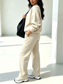 2pcs Casual Solid Color Sweatshirt Jacket Top And Straight Leg Pants Set, Soft Fleece Fabric, Suitable For Spring, Autumn And Winter Elegant - Apricot - View 6