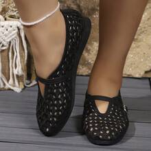 Women's Hollow Crochet Fish Scale Pattern Round Toe Buckle Strap Mary Jane Flat Shoes, Black Low-Top Loafers, Suitable For Home And Summer - Black - View 5