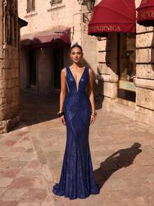 LOVE&LEMONADE Luxury Navy Blue Sequin Deep V-Neck Sleeveless Mermaid Long Dress, Suitable For Formal Occasions, Proms And Grand Evening Parties - Navy Blue - View 3