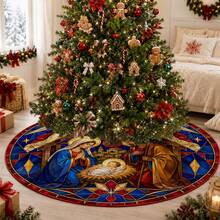 1pc Painted Glass Nativity Scene Christmas Tree Skirt, Elegant Color Holiday Decor, 5 Sizes, Unisex Holiday Gift, Suitable For Home And Party Christmas Home Decoration - Stained Glass Nativity Scene - View 9