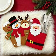 4pcs Set, Cute Christmas Placemats, Tableware Storage, Santa Claus, Reindeer, Snow And Gingerbread Man Designs, Christmas Tableware Holder, Placemat, Silverware Pocket, Party Table Decoration, Adding Color To Your Holiday Party Table - Multicolor - View 2