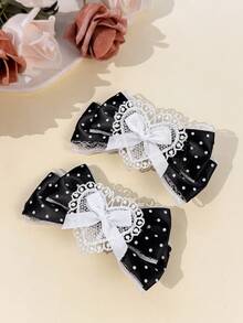 2pcs/Set Women's Sweet Lolita Style Polka Dot Bow Hair Clips With Heart Lace Decor, Atmospheric Hair Accessories For Cosplay And Date - Multicolor - View 24