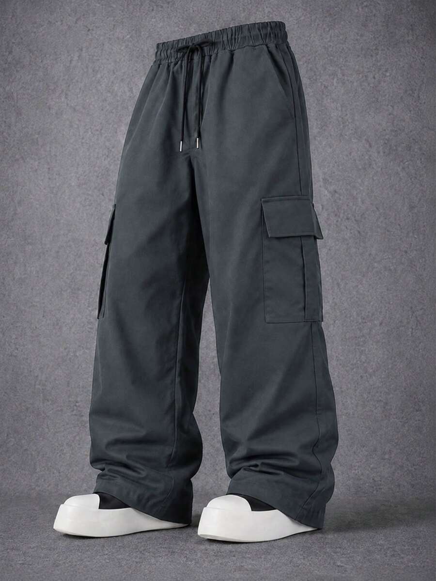 Spring/Summer Solid Color Multi-Pocket Straight Leg Cargo Pants, Men's Outdoor Commute Casual Sports Long Pants - Dark Grey - View 1