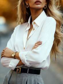 DONICY Women's Autumn/Winter Solid Color Shirt Collar Single-Breasted Cardigan, Fashionable Elegant Minimalist Commuter Versatile - White - View 10