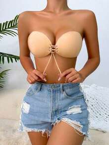1pc Lace-Up Front Adhesive Thickened Push-Up Bra - Khaki - View 3