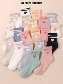 20/10 Pairs Girls Mid-Crew Socks, Sweet Heart Pattern, Pastel Tone, Cute Striped Design, Fall Socks For Girls, Toddler Girl Fall, Fall Decor - Multicolor - View 10