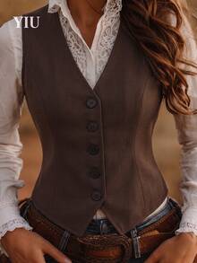 YIU LUMOS Women's Dark Brown Vest, V Neck Button Front Five Button Slim Fit, Vintage Western Office Chic Waistcoat For Fall Winter Daily Layering - Brown - View 1