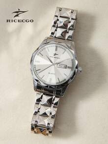 RICECGO 1pc Men's Fashion Quartz Watch, Round Dial With Rhombus Stainless Steel Band, Dual Calendar Business Watch, Stylish & Minimalist, Suitable For Business Occasions And Daily Wear - Silver - View 8